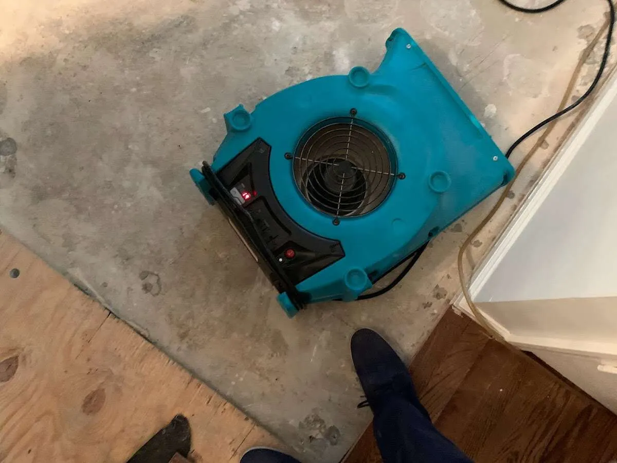 Air mover drying subfloor during Leak Detection & Repair in Irvington